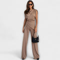 Zweiteiler Damen Asymmetrisches Top Weite Hose Braun Grau Grün – Sofia