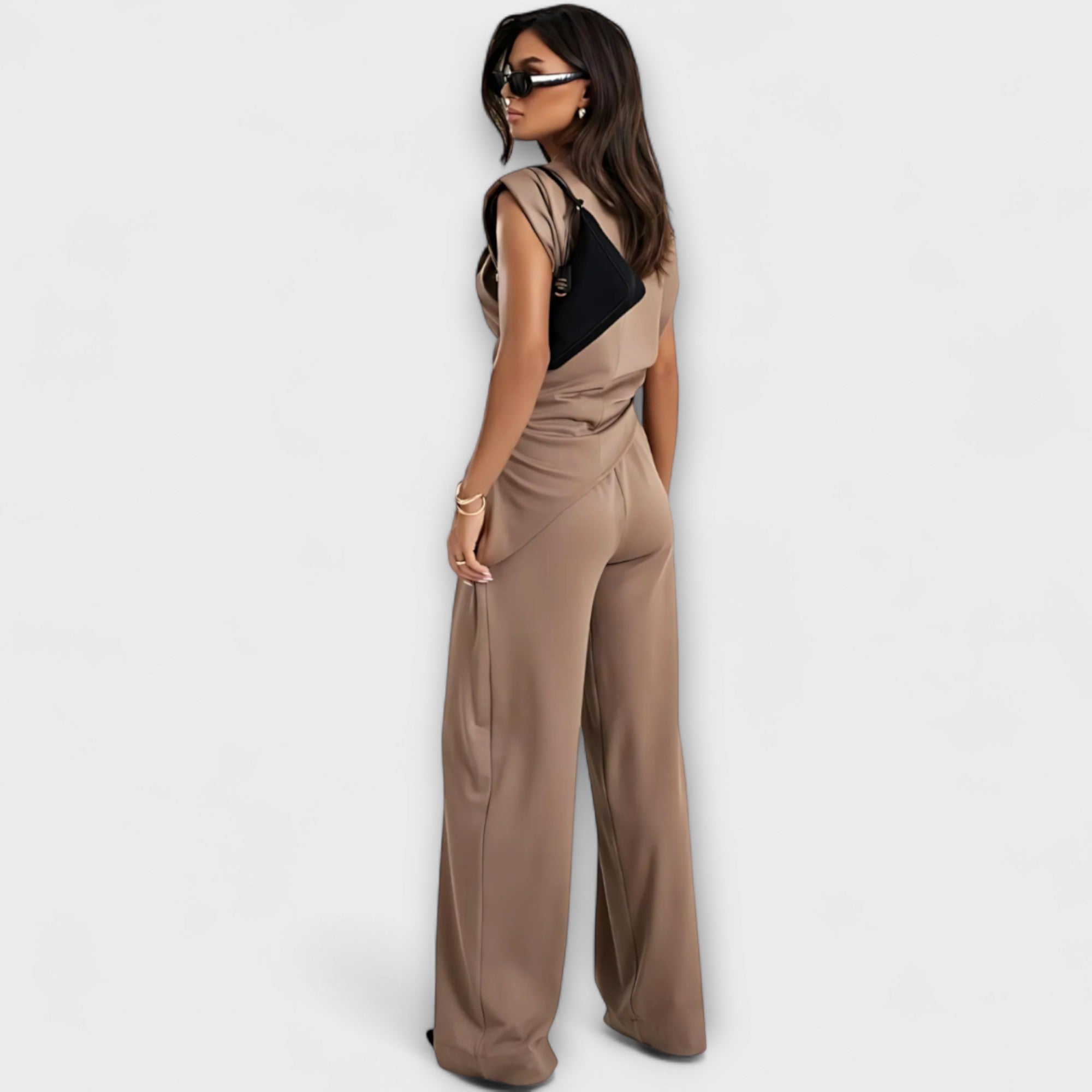 Zweiteiler Damen Asymmetrisches Top Weite Hose Braun Grau Grün – Sofia
