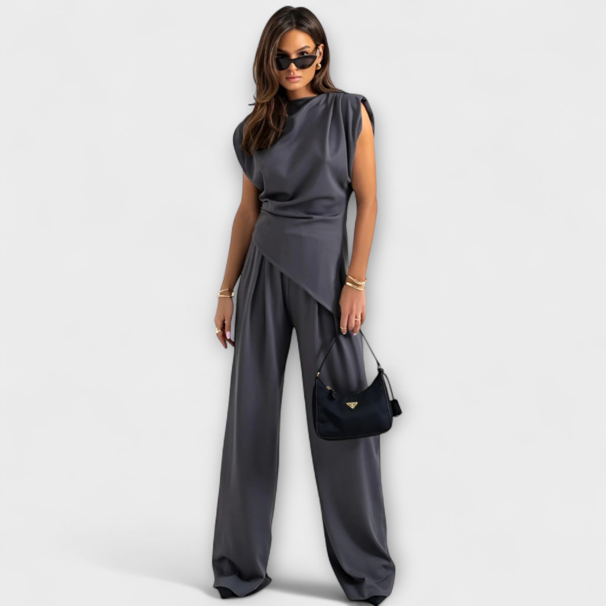 Zweiteiler Damen Asymmetrisches Top Weite Hose Braun Grau Grün – Sofia