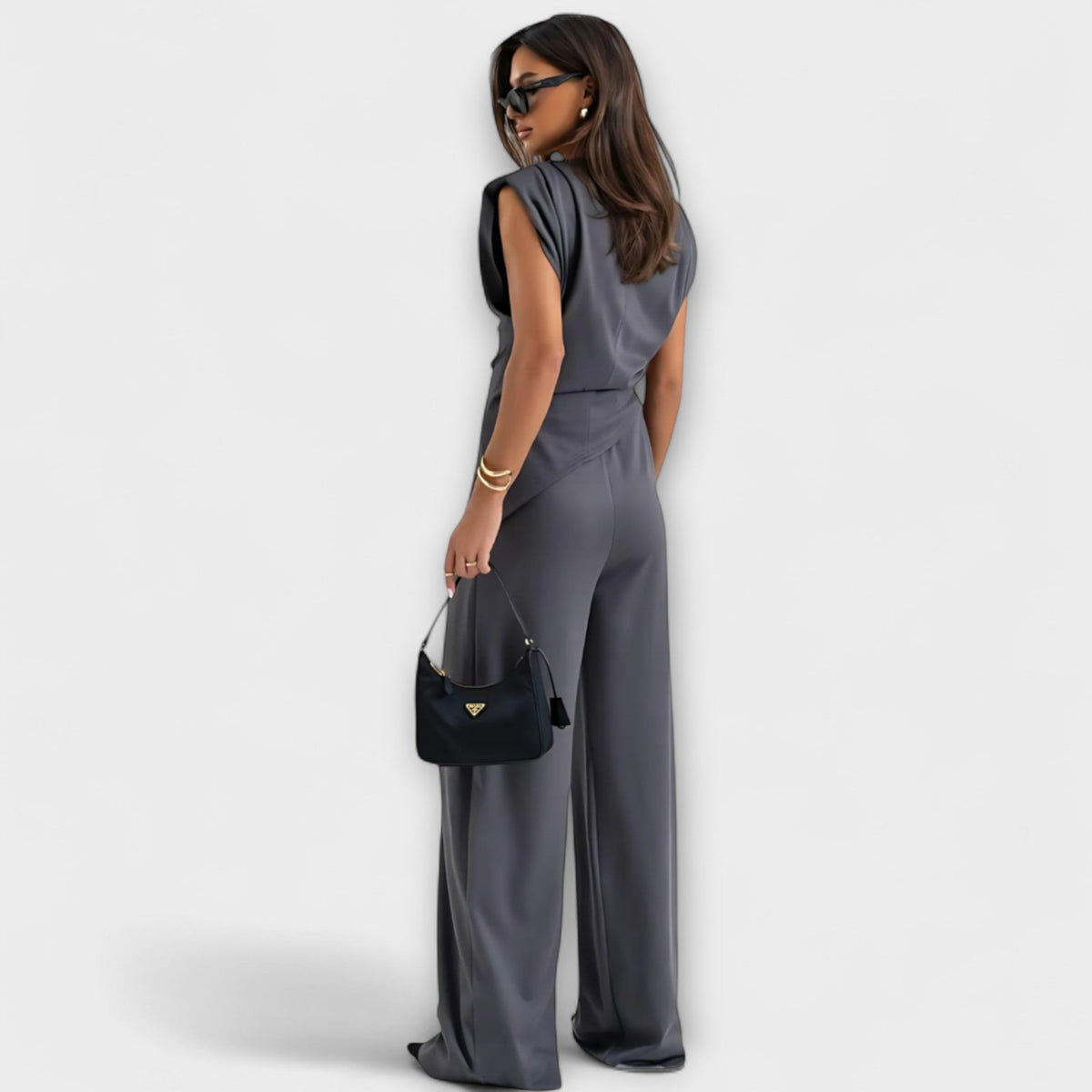Zweiteiler Damen Asymmetrisches Top Weite Hose Braun Grau Grün – Sofia