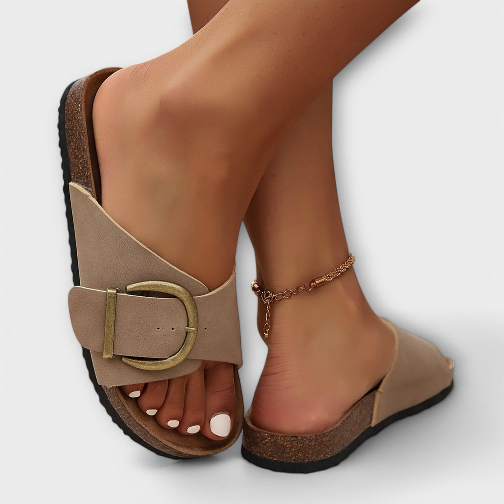 Pantoletten Damen Kork-Fussbett Schnallenriemen Schwarz Khaki – Margie