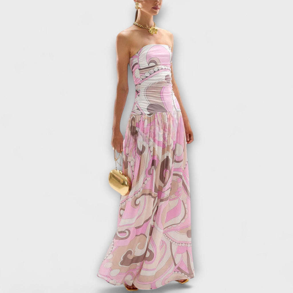 Tatum - Atemberaubendes pastellfarbenes schulterfreies Maxikleid