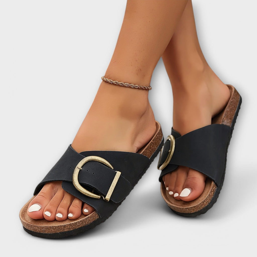 Pantoletten Damen Kork-Fussbett Schnallenriemen Schwarz Khaki – Margie