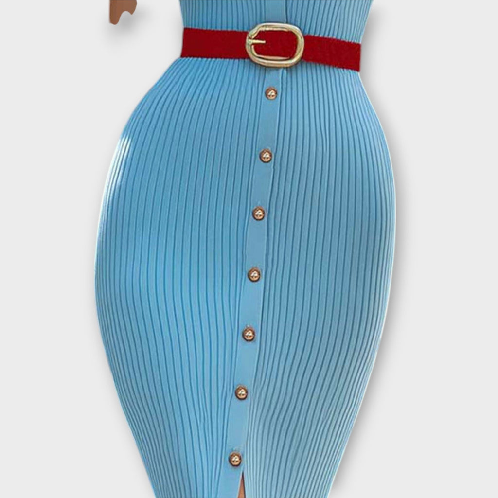 Sina - Schickes Babyblaues Rippstrick-Bleistiftkleid
