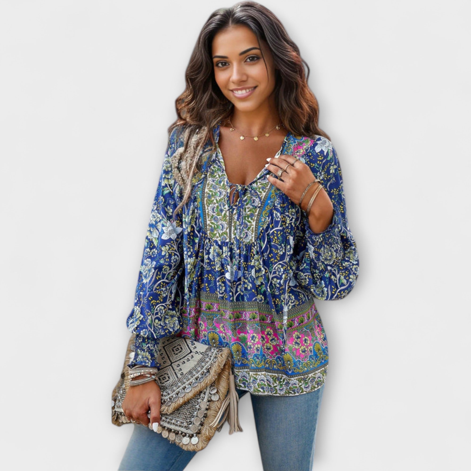 Bluse Damen V-Ausschnitt Bindefront Boho Marineblau Grün Pink – Melodie