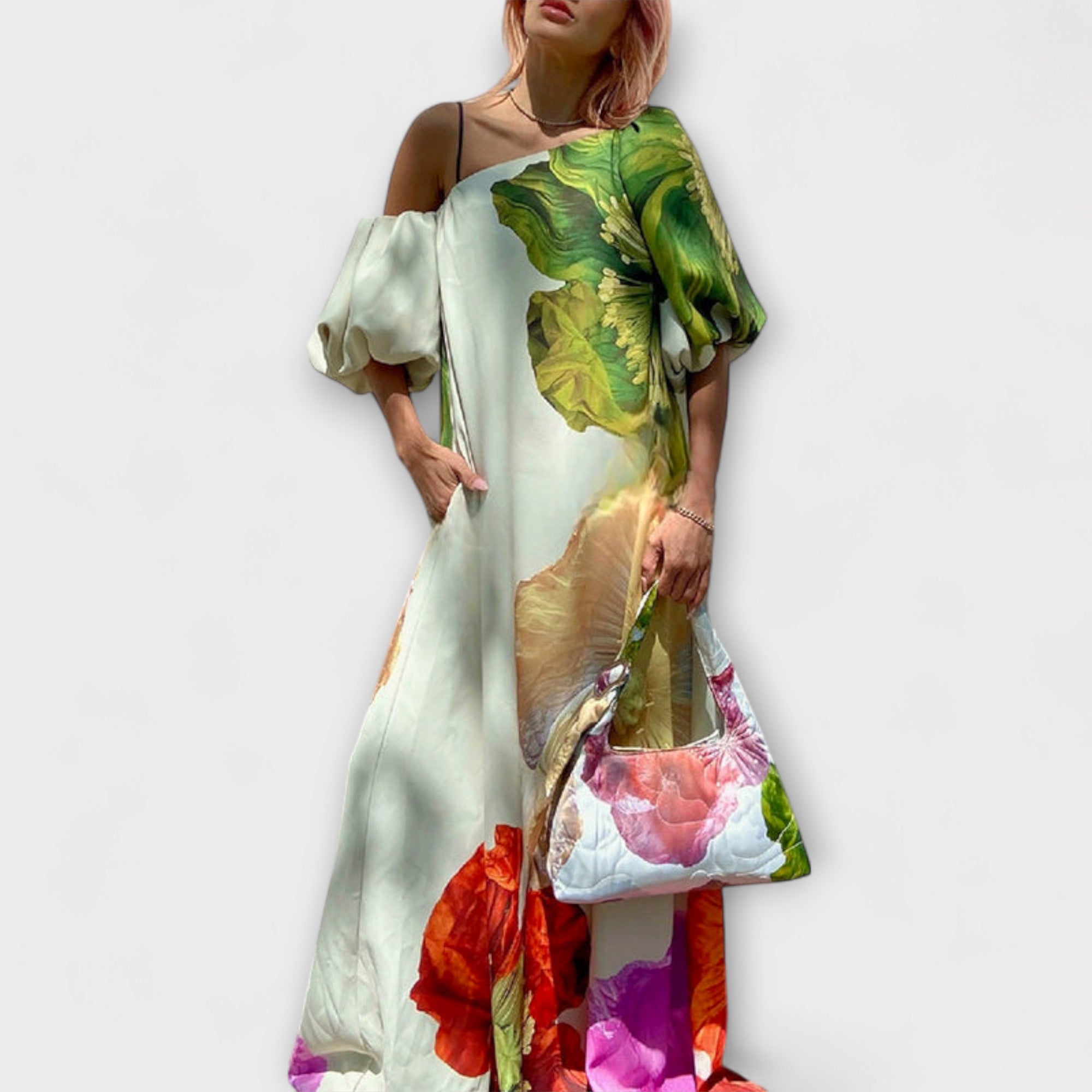 Skylar - Maxikleid mit Blumendruck, schrägem Kragen und Puffärmeln