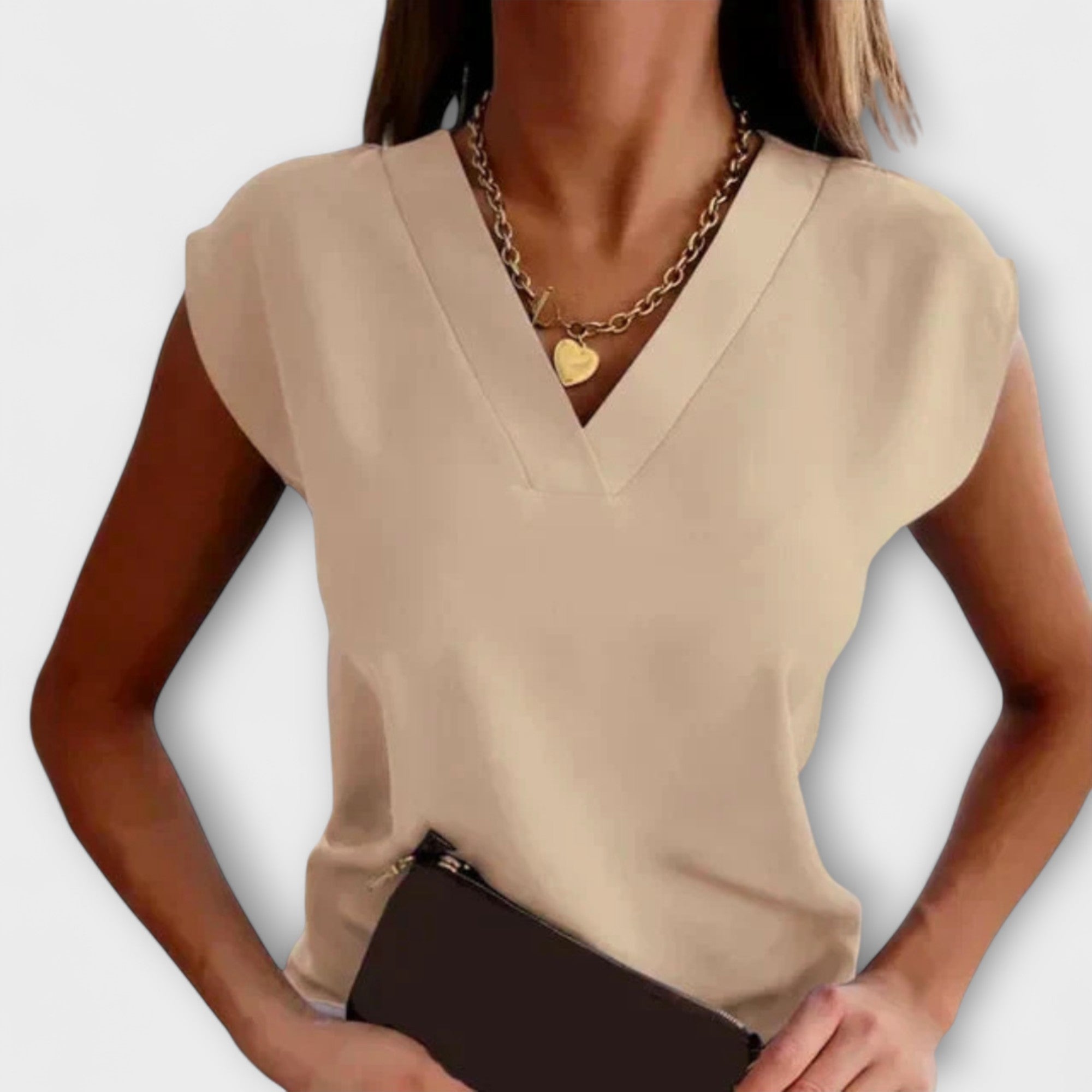 Sommertop Damen V-Ausschnitt Lockerer Schnitt Kurzarm Khaki Blau Rot – Melanie
