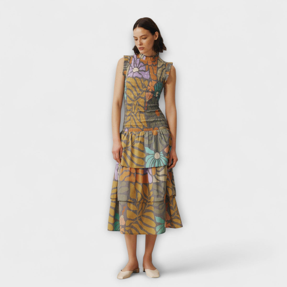 Mehrfarbiges Botanisches Midi Kleid