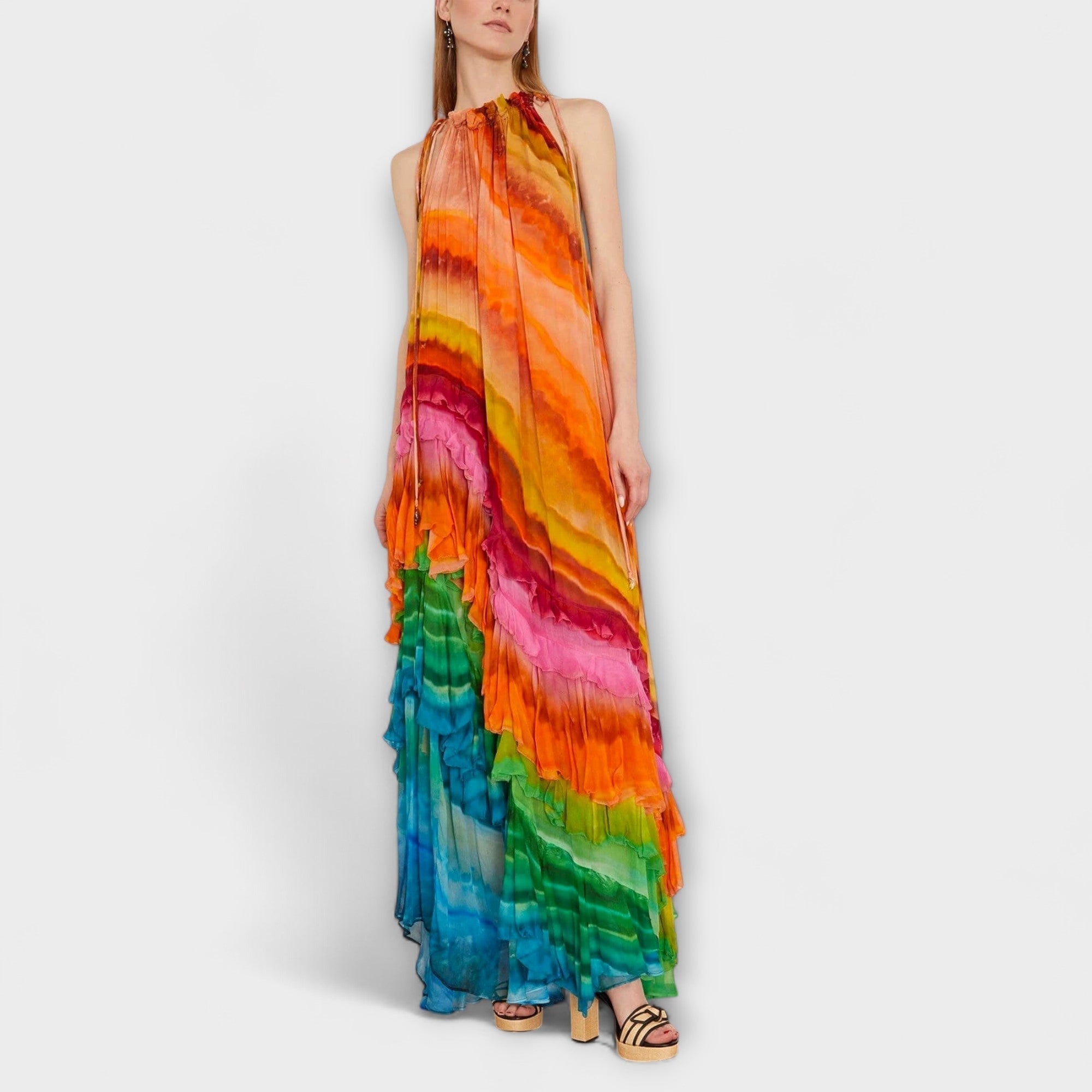 Maxikleid Damen Rüschen Batikmuster Georgette Crêpe – Iris