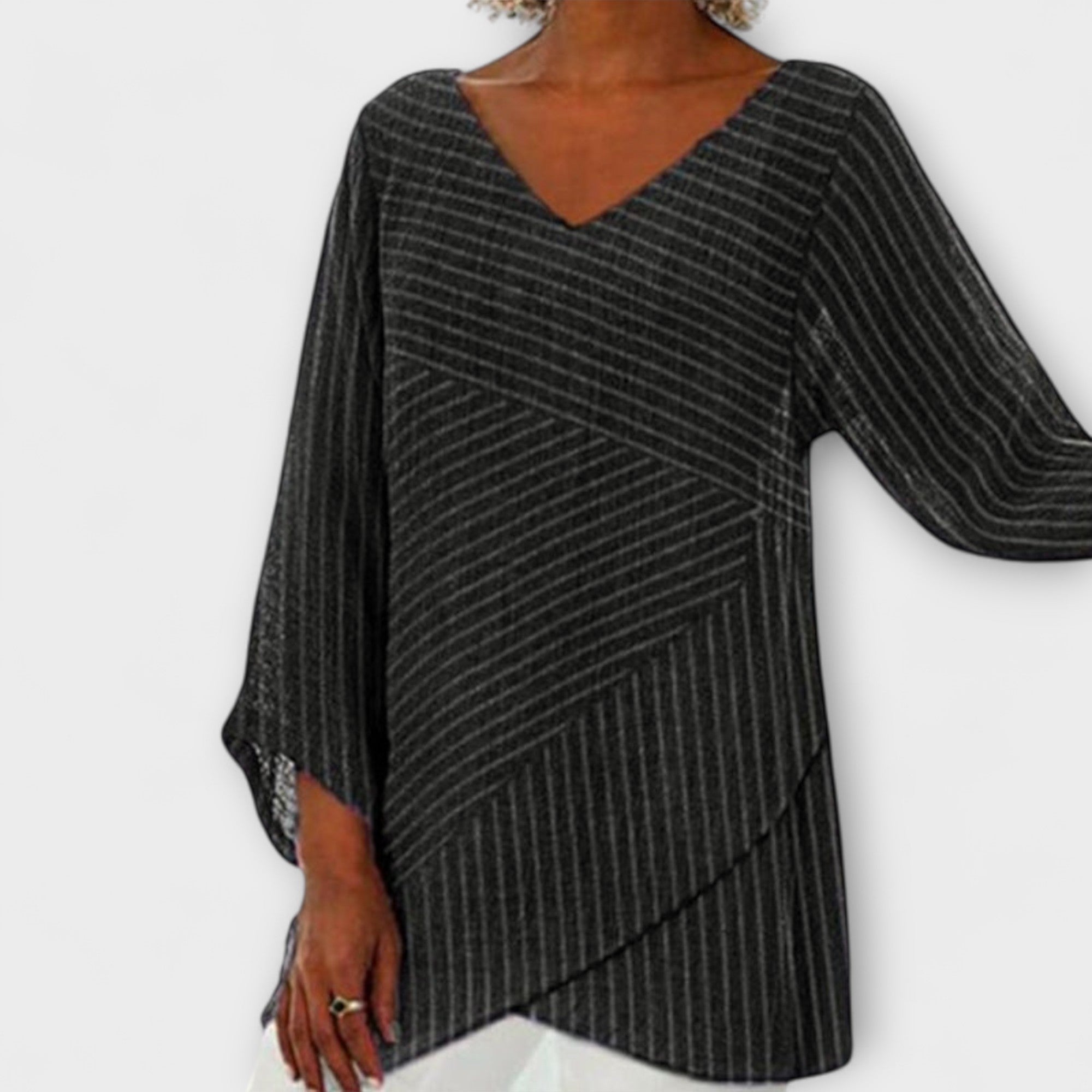 T-Shirt Damen Gestreift Drapiert Schwarz Grau Rot – Penelope