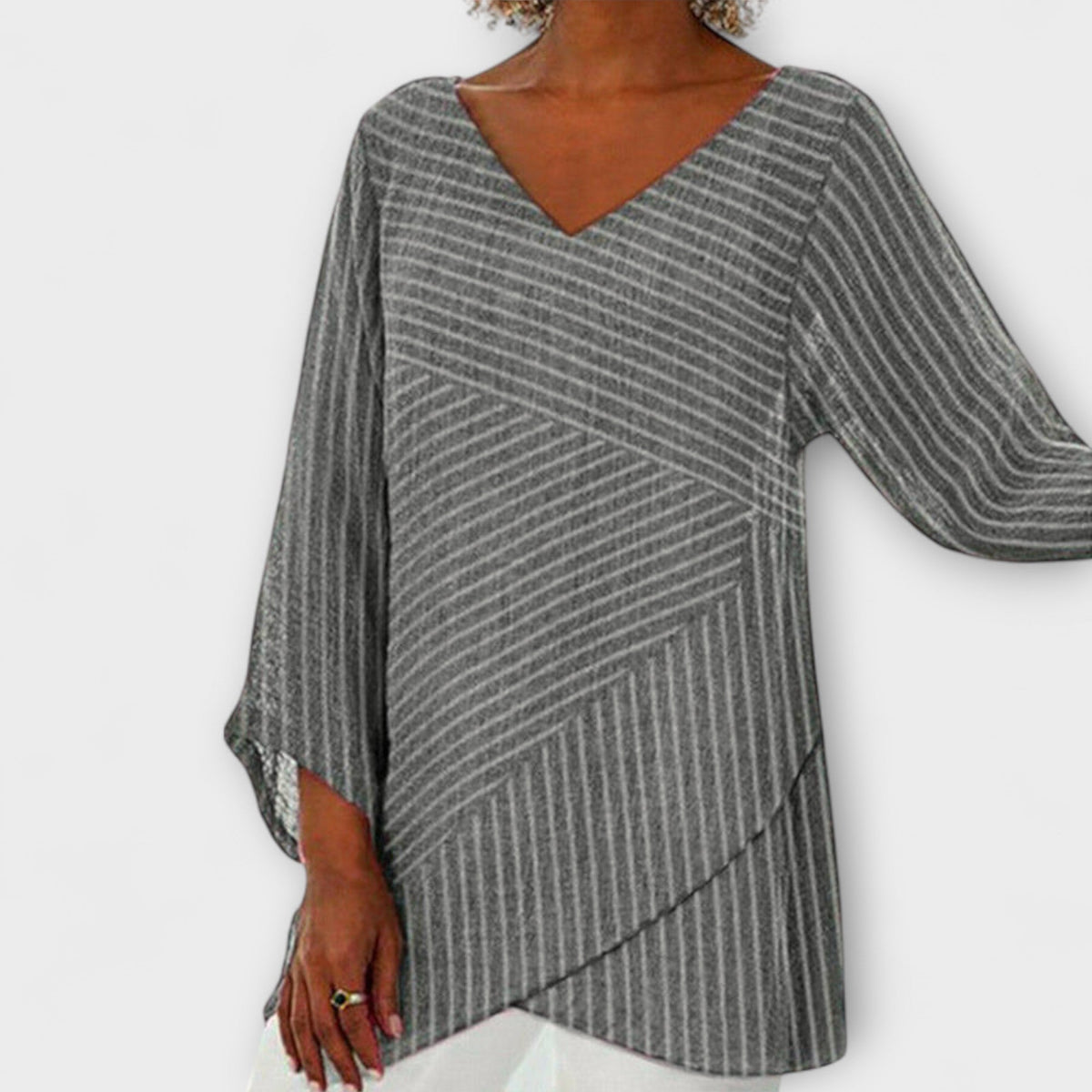 T-Shirt Damen Gestreift Drapiert Schwarz Grau Rot – Penelope
