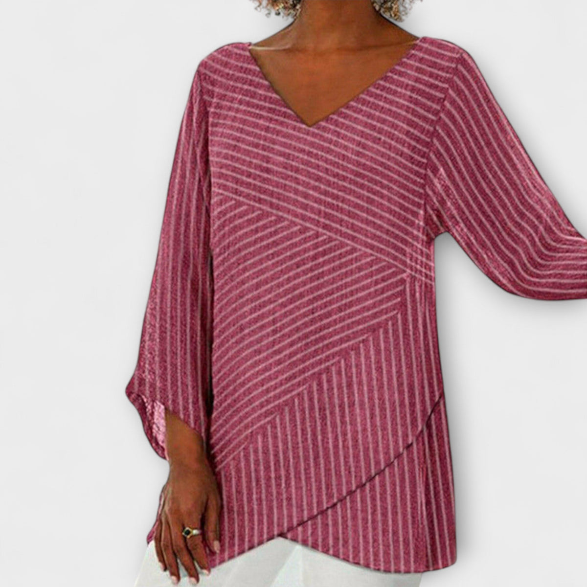 T-Shirt Damen Gestreift Drapiert Schwarz Grau Rot – Penelope