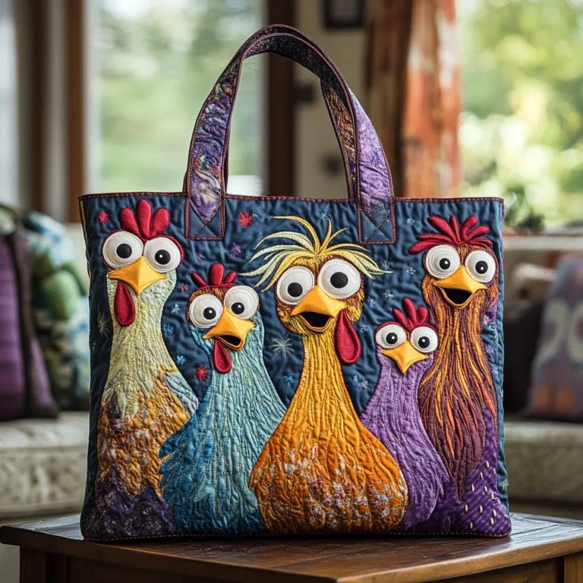 Gesteppte Tasche - Fünf bunte Hühner