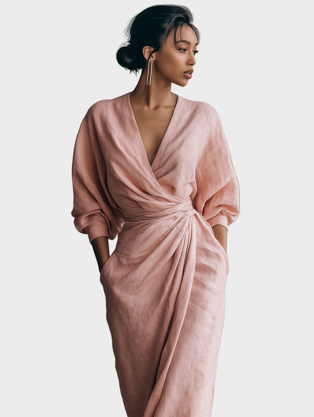 Maxikleid aus Leinenmix mit V-Ausschnitt
