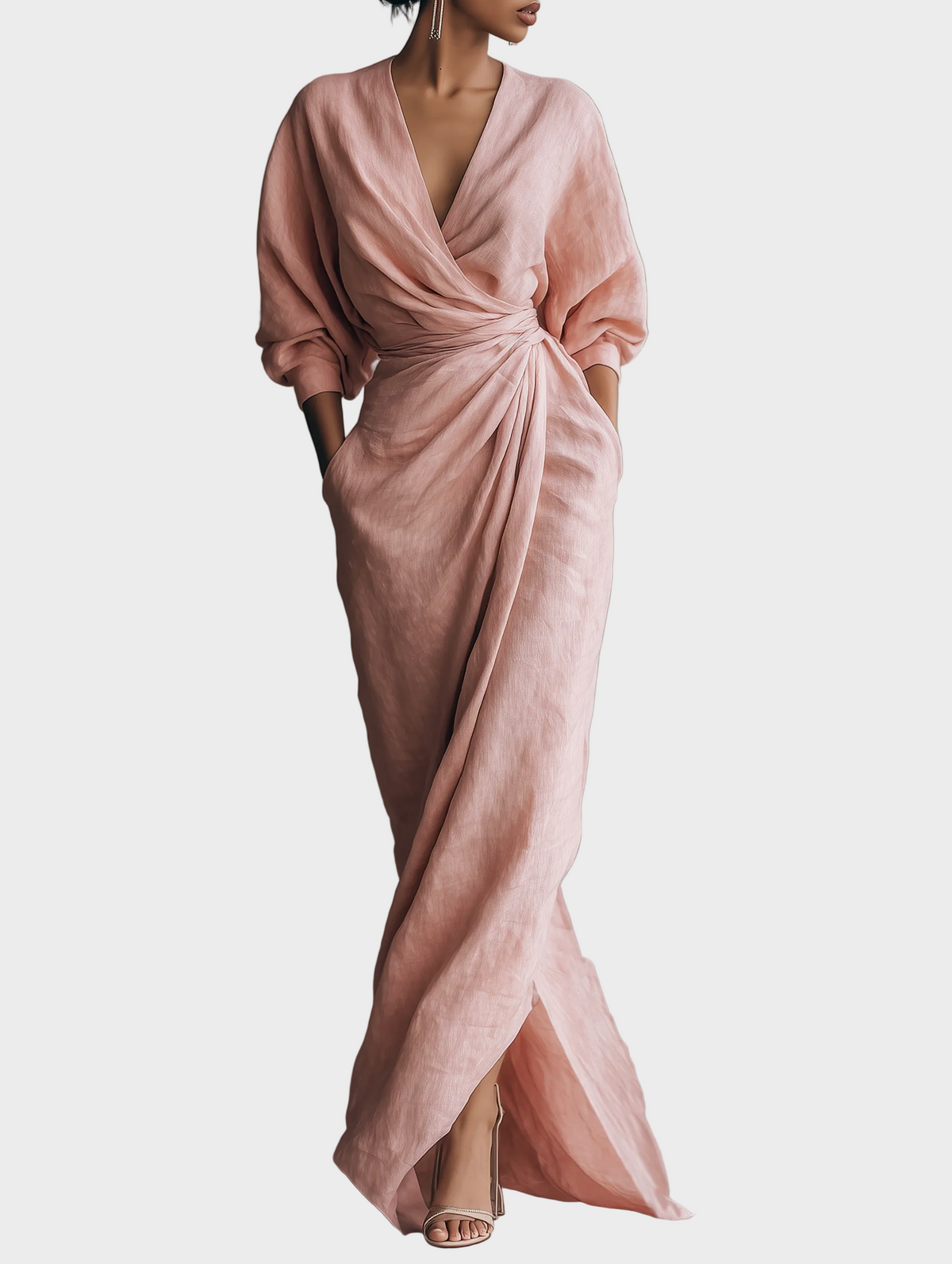Maxikleid aus Leinenmix mit V-Ausschnitt
