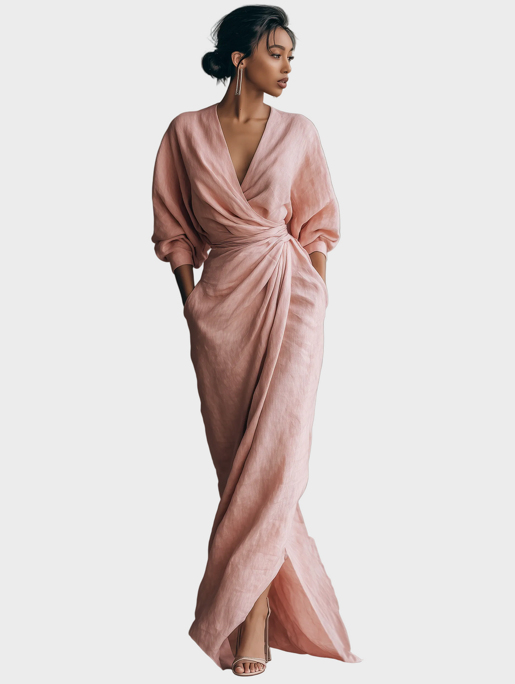 Maxikleid aus Leinenmix mit V-Ausschnitt