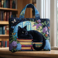Gesteppte Tasche - Bücherstapel mit schwarzer Katze