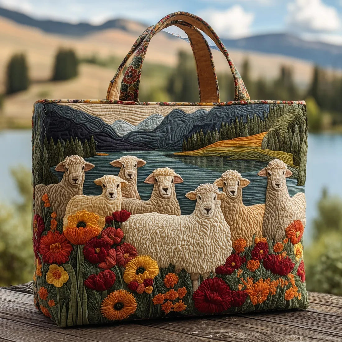 Gesteppte Tasche - Schaf am See