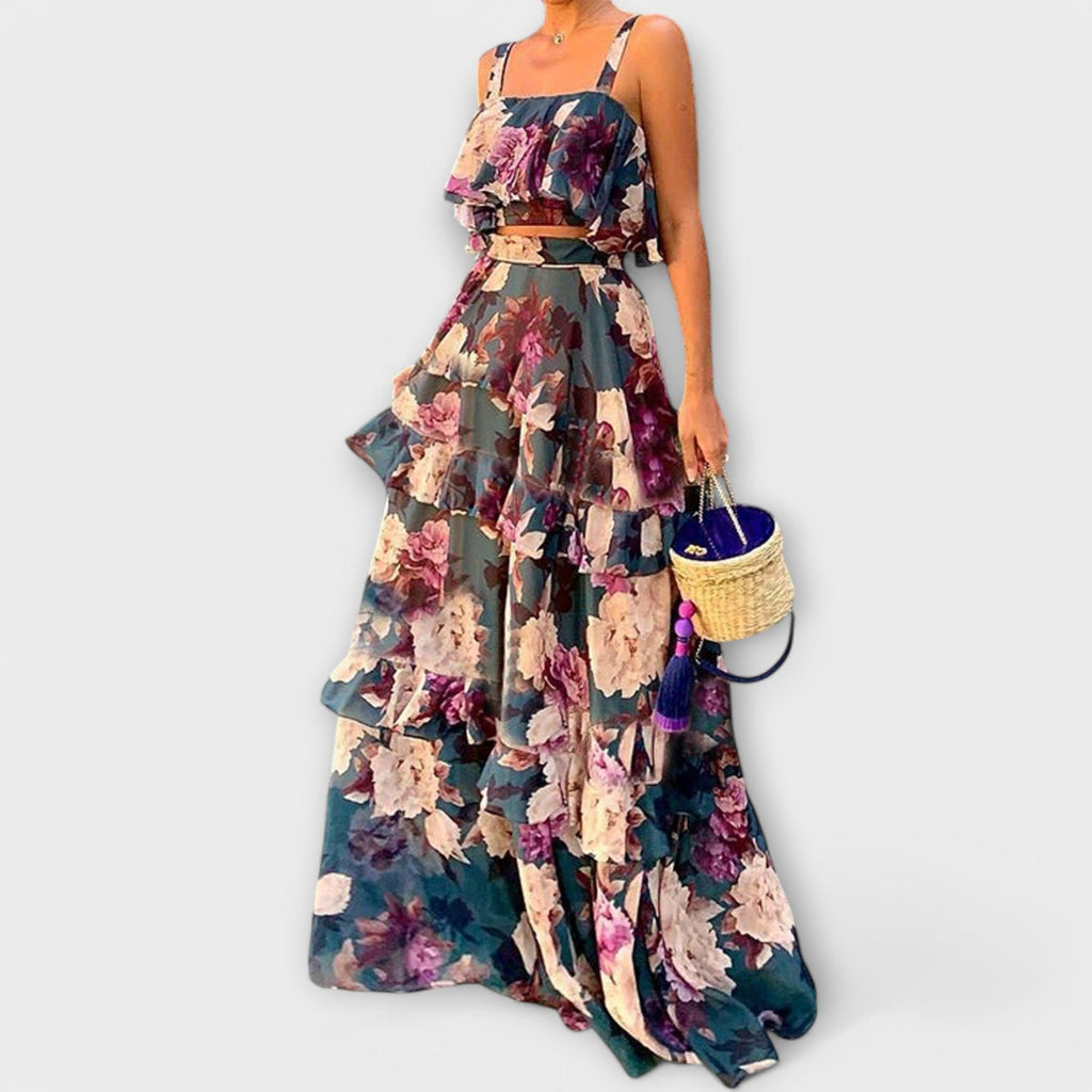 Maxikleid Damen 2er-Set Volants Blumenmuster Blau Grün