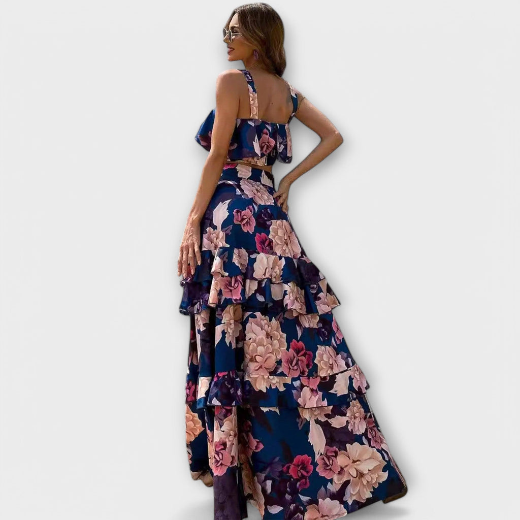 Maxikleid Damen 2er-Set Volants Blumenmuster Blau Grün