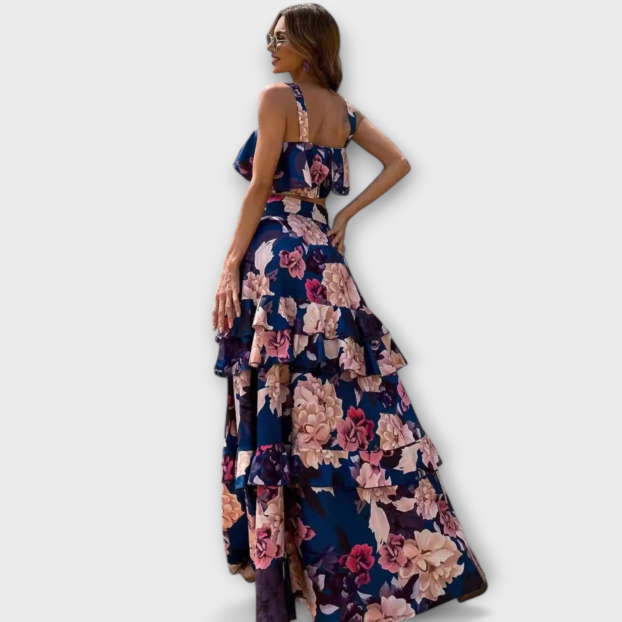 Maxikleid Damen 2er-Set Volants Blumenmuster Blau Grün