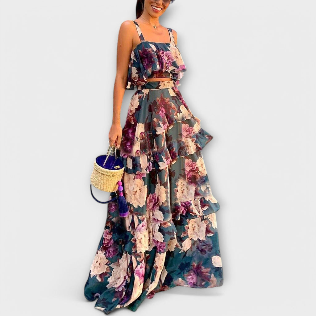 Maxikleid Damen 2er-Set Volants Blumenmuster Blau Grün