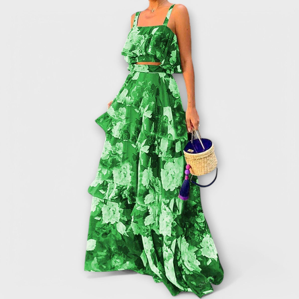 Maxikleid Damen 2er-Set Volants Blumenmuster Blau Grün