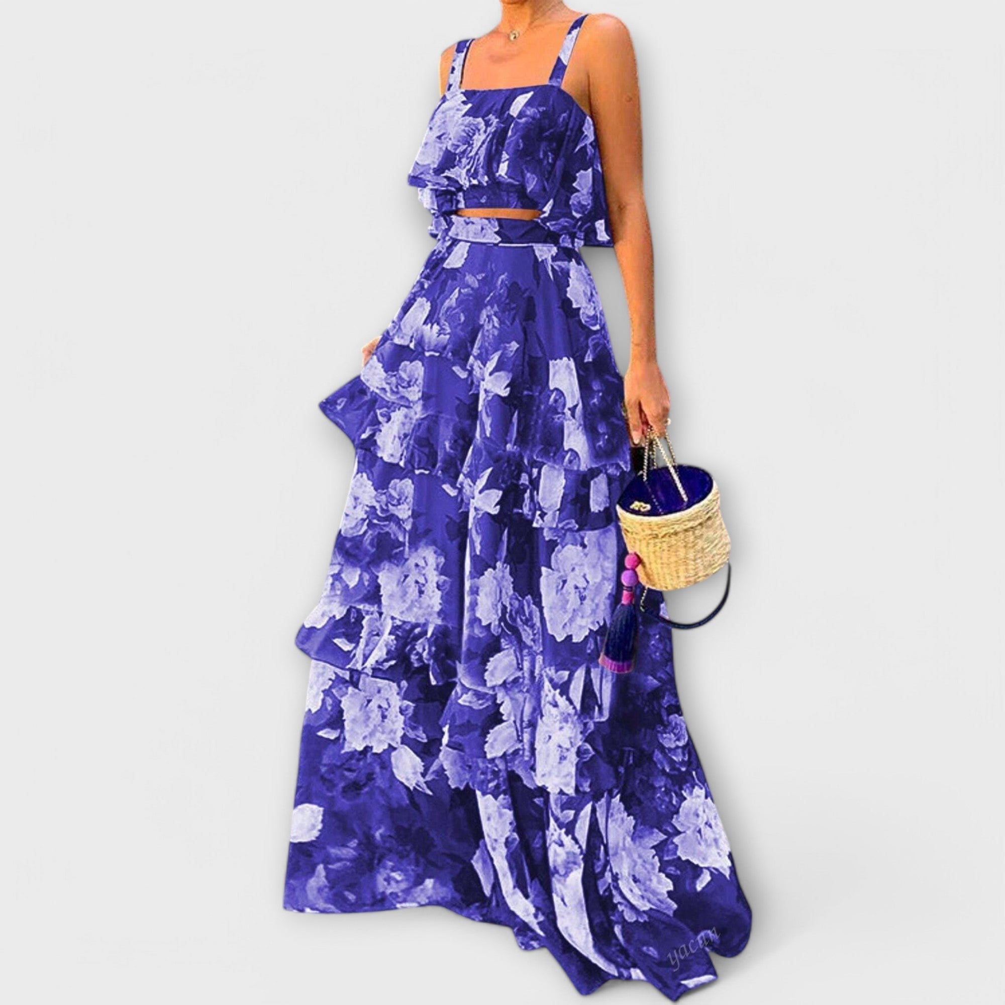Maxikleid Damen 2er-Set Volants Blumenmuster Blau Grün