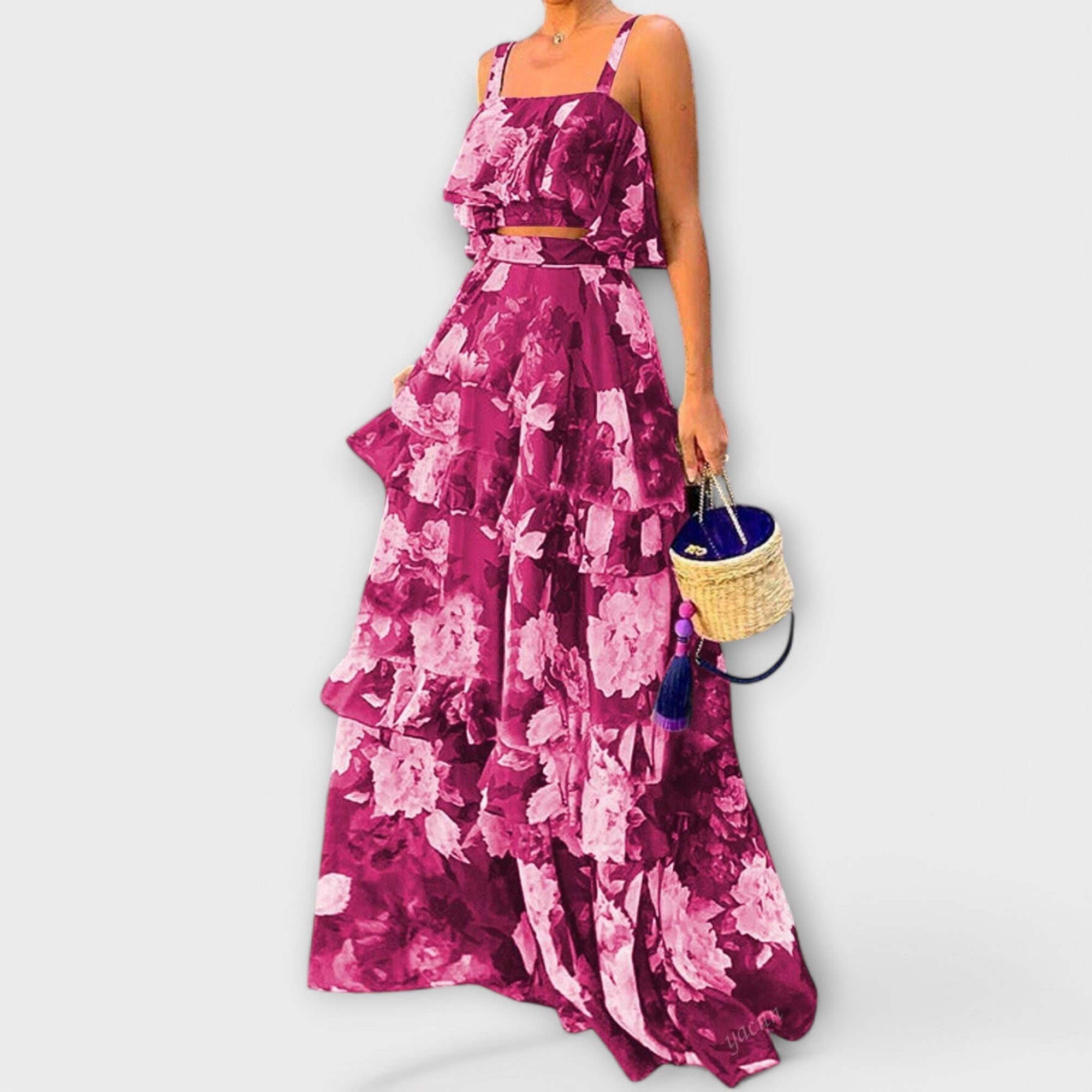 Maxikleid Damen 2er-Set Volants Blumenmuster Blau Grün