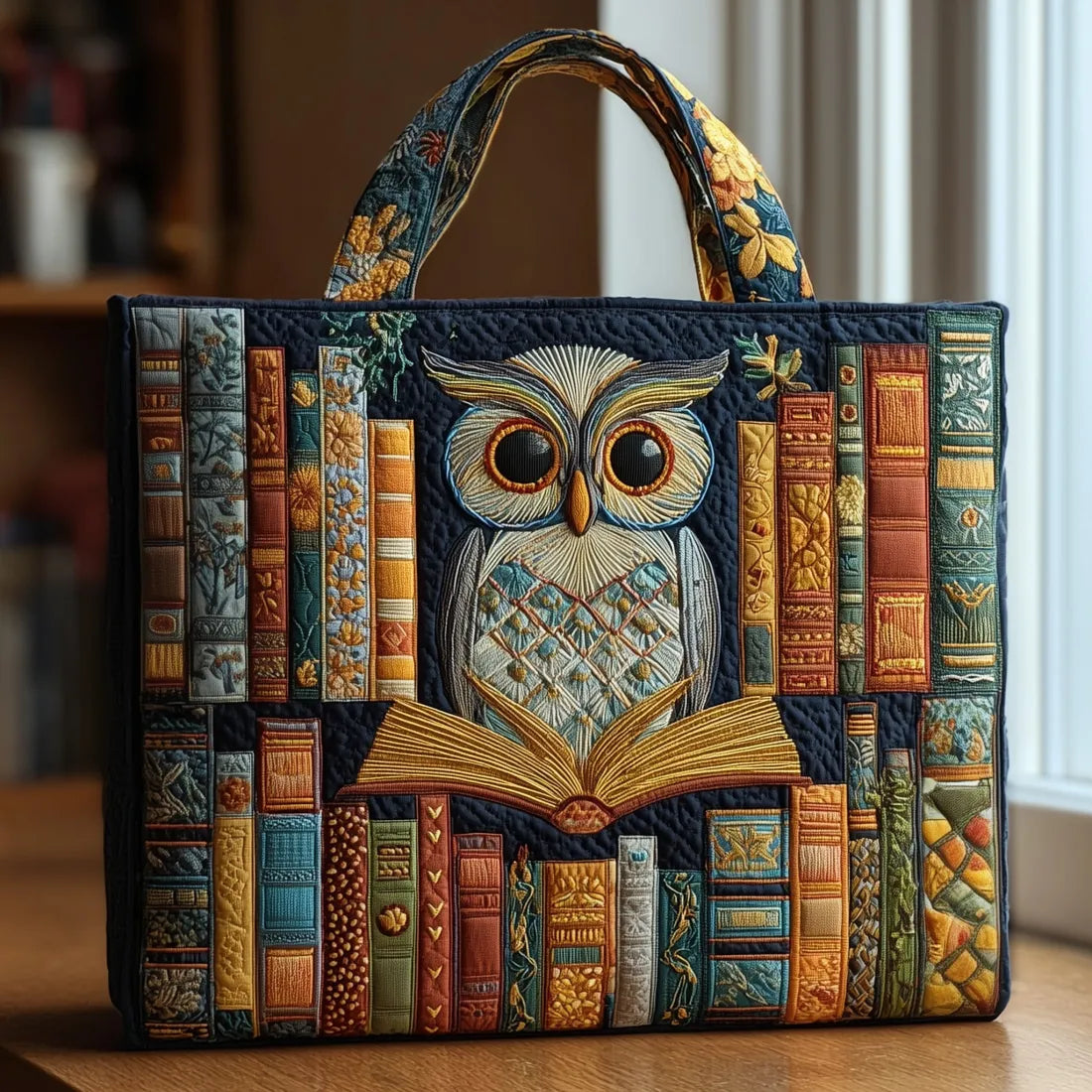 Gesteppte Tasche - Eule und altes Buch