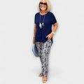 Zweiteiler Damen Bluse und Weite Hose Sommer Dunkelblau Lila – Arielle