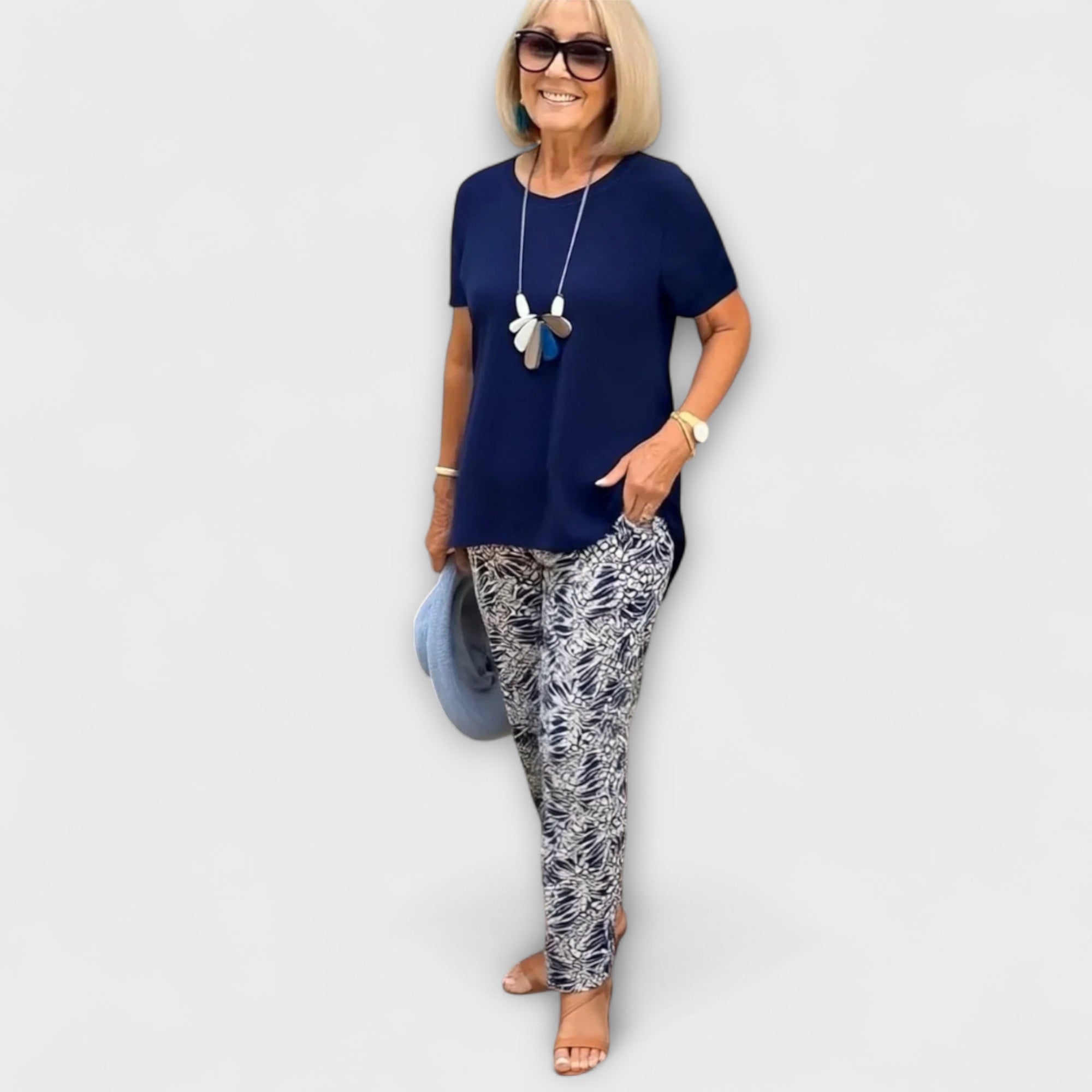 Zweiteiler Damen Bluse und Weite Hose Sommer Dunkelblau Lila – Arielle