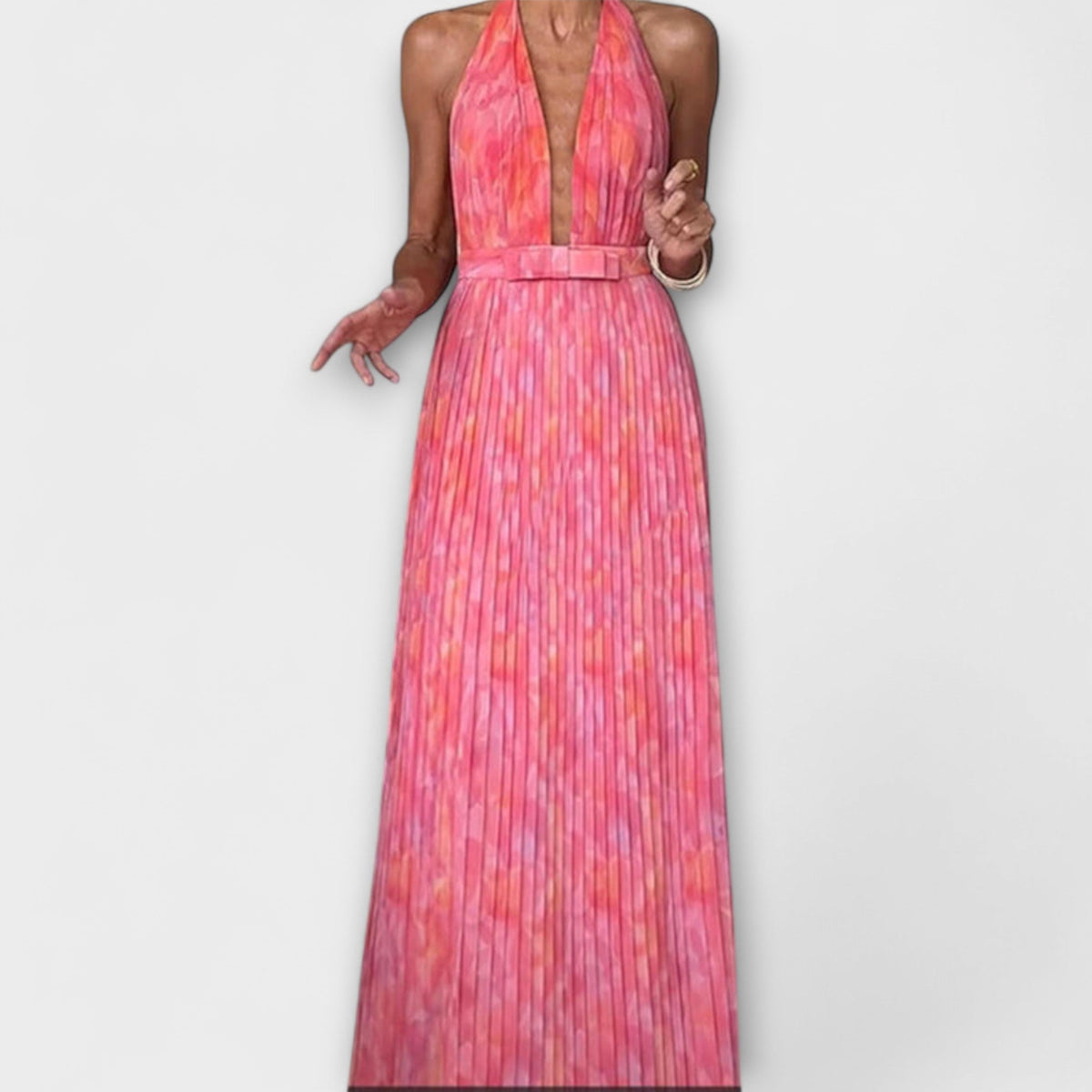 Seraphina - Schickes Halter Neck V-Ausschnitt Plissiertes Maxikleid