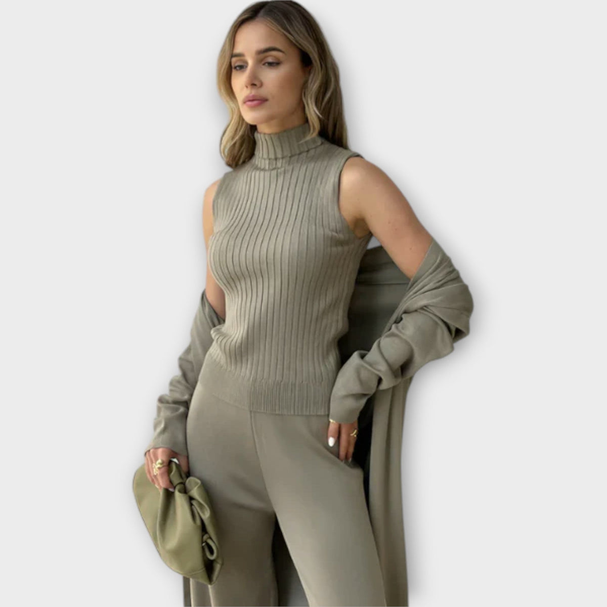 Dreiteiler Damen Strickjacke Oberteil Hose Elegant Beige – Isabella