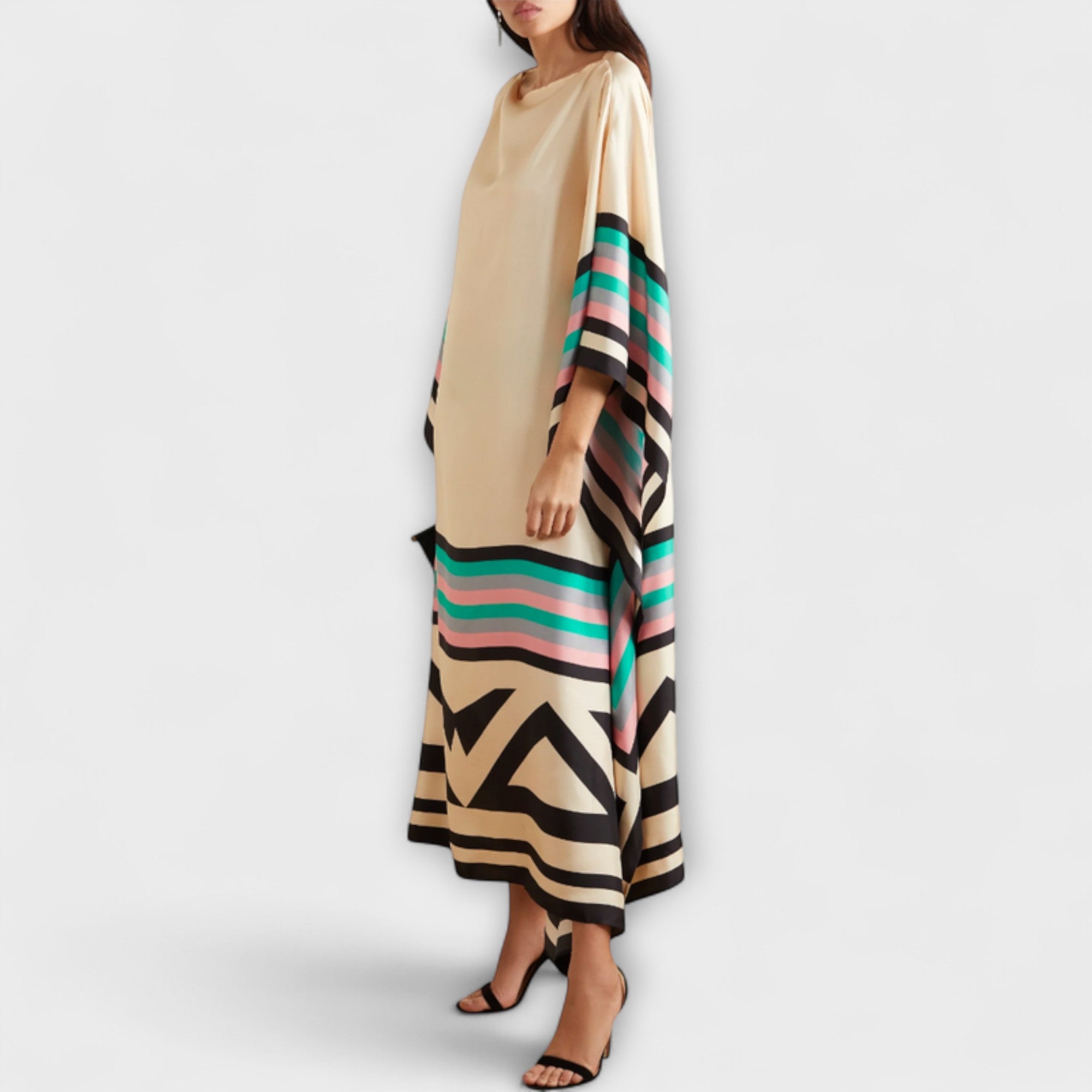 Midikleid Damen Kaftan Geometrisches Muster Lockerer Schnitt Rot Beige Grün