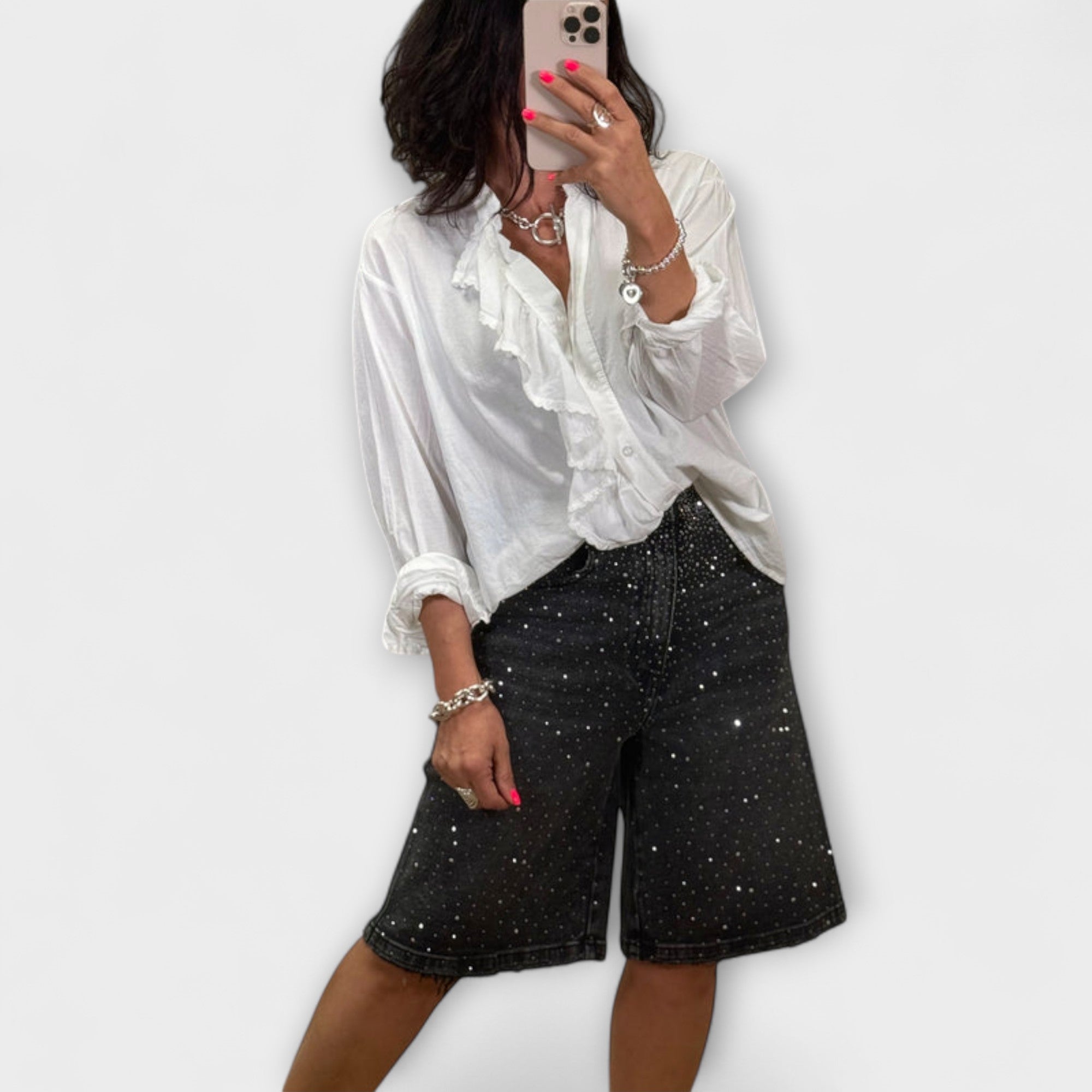 Bermudashorts Damen Denim Strassverzierung Knielang – Amaris