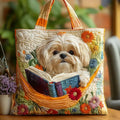 Gesteppte Tasche - Shih Tzu mit Buch und Blumen