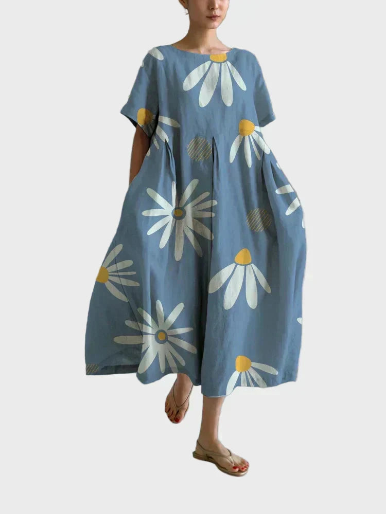 Sommerkleid Damen Gänseblümchenmuster Leichter Stoff Weiter Schnitt Hellblau