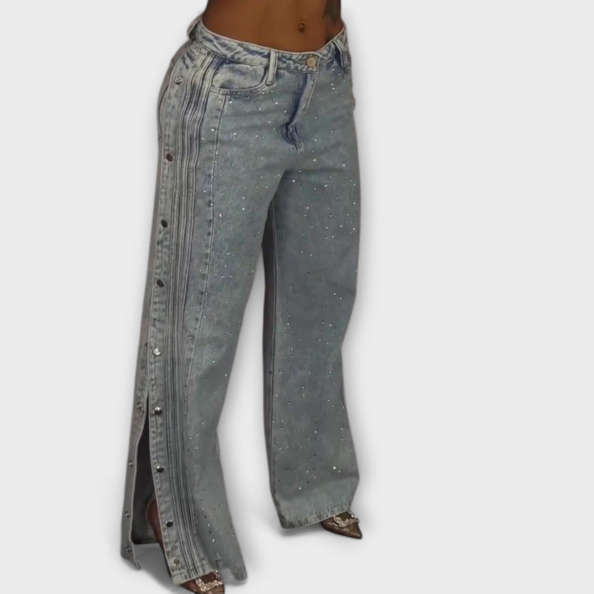 Jeans Damen Hoher Bund Strassverzierung Seitliche Knöpfe Schwarz Hellblau – Nola