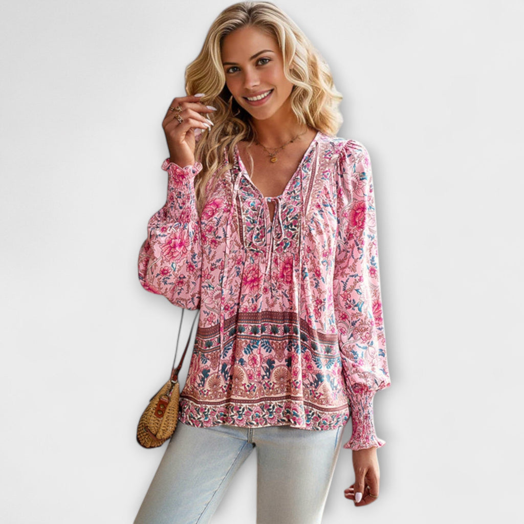 Bluse Damen V-Ausschnitt Bindefront Boho Marineblau Grün Pink – Melodie