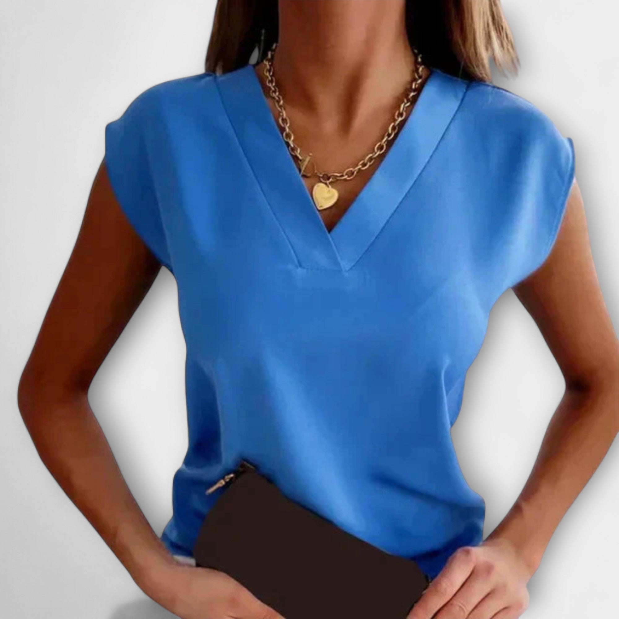 Sommertop Damen V-Ausschnitt Lockerer Schnitt Kurzarm Khaki Blau Rot – Melanie