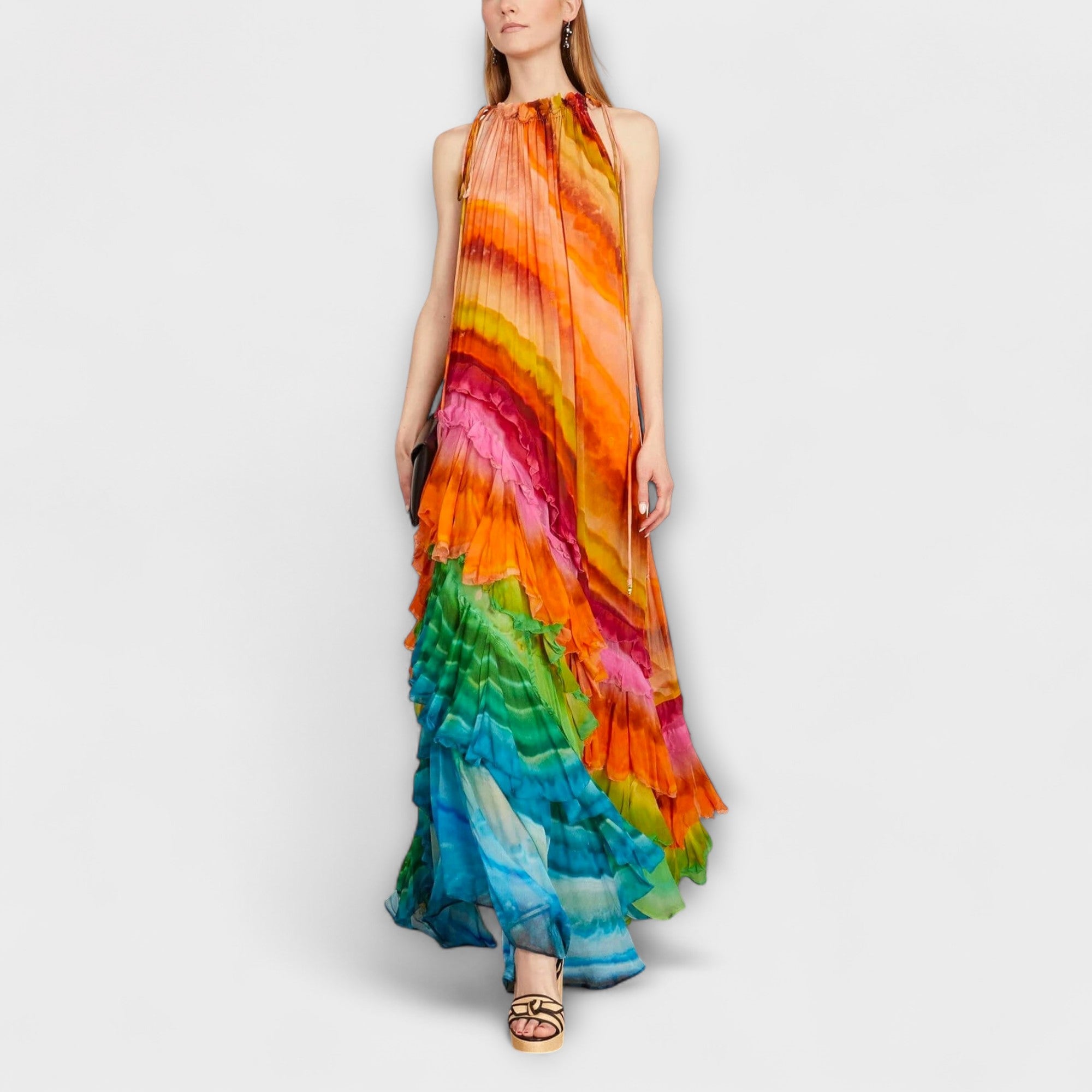 Maxikleid Damen Rüschen Batikmuster Georgette Crêpe – Iris