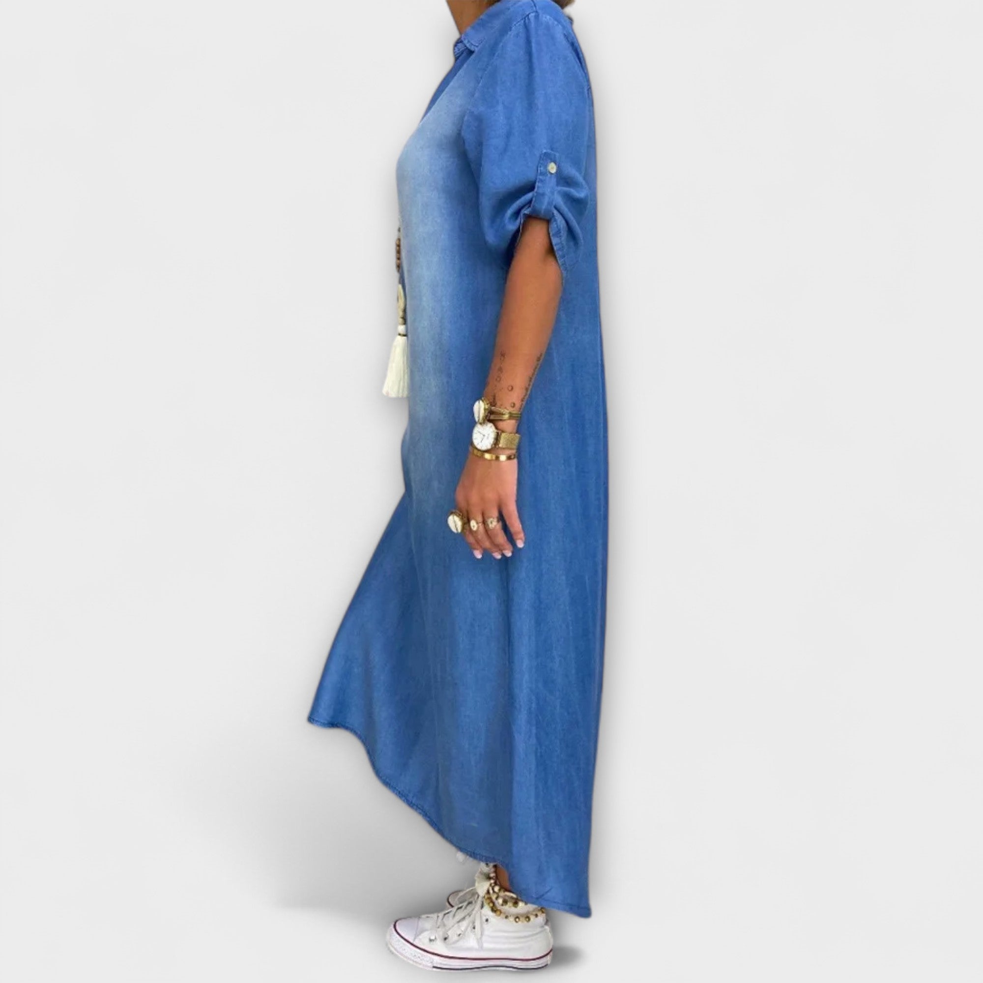 Lea - Langes Denim-Look Kleid mit Seitenschlitz