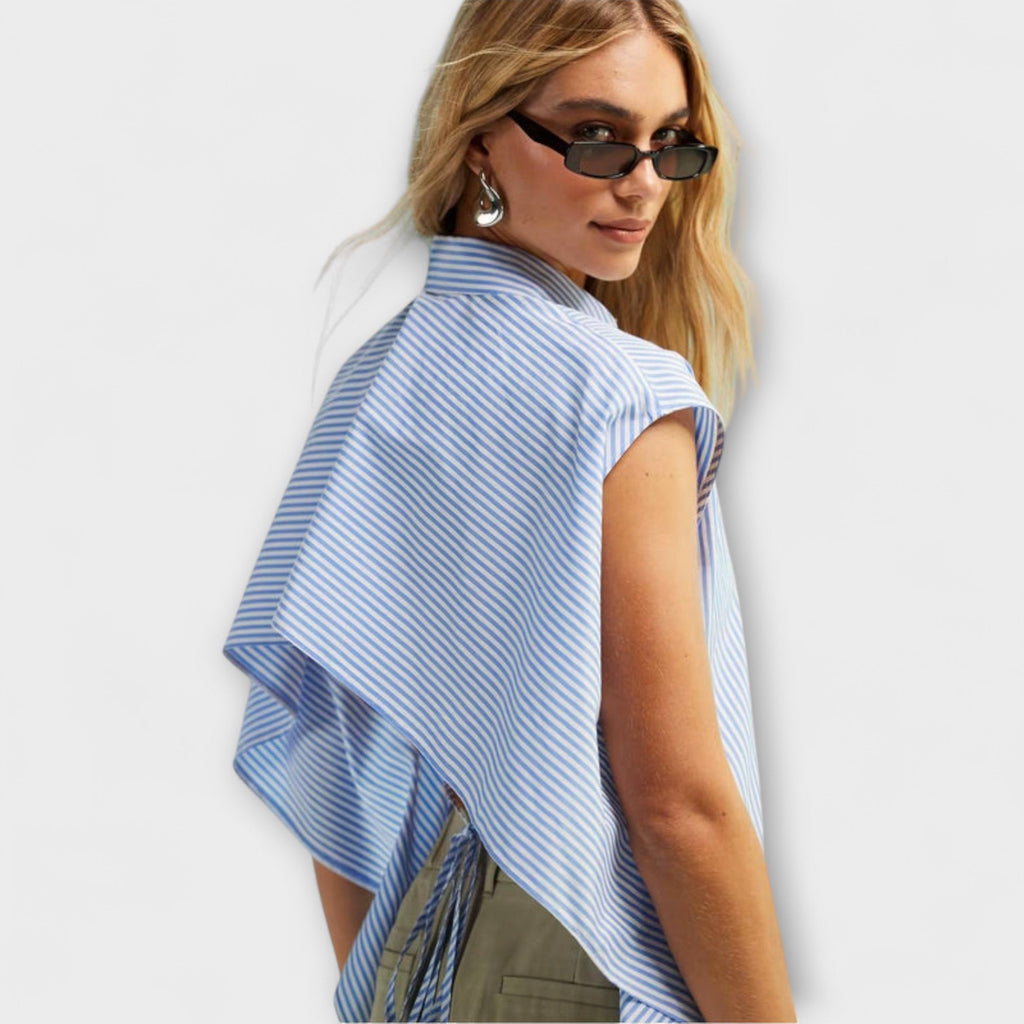 Top Damen Ärmellos Gestreift Blau Weiss Rückenausschnitt – Leona