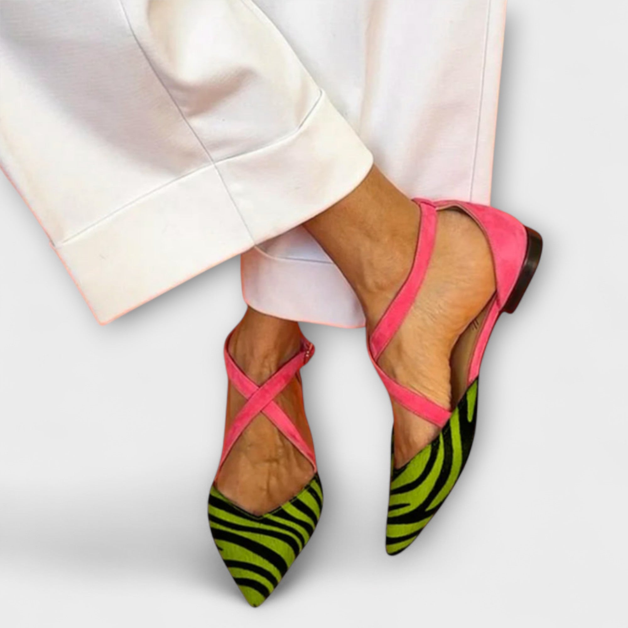 Ballerinas Damen Zebramuster Riemchen Spangenverschluss Pink Lila Grün – Fenna