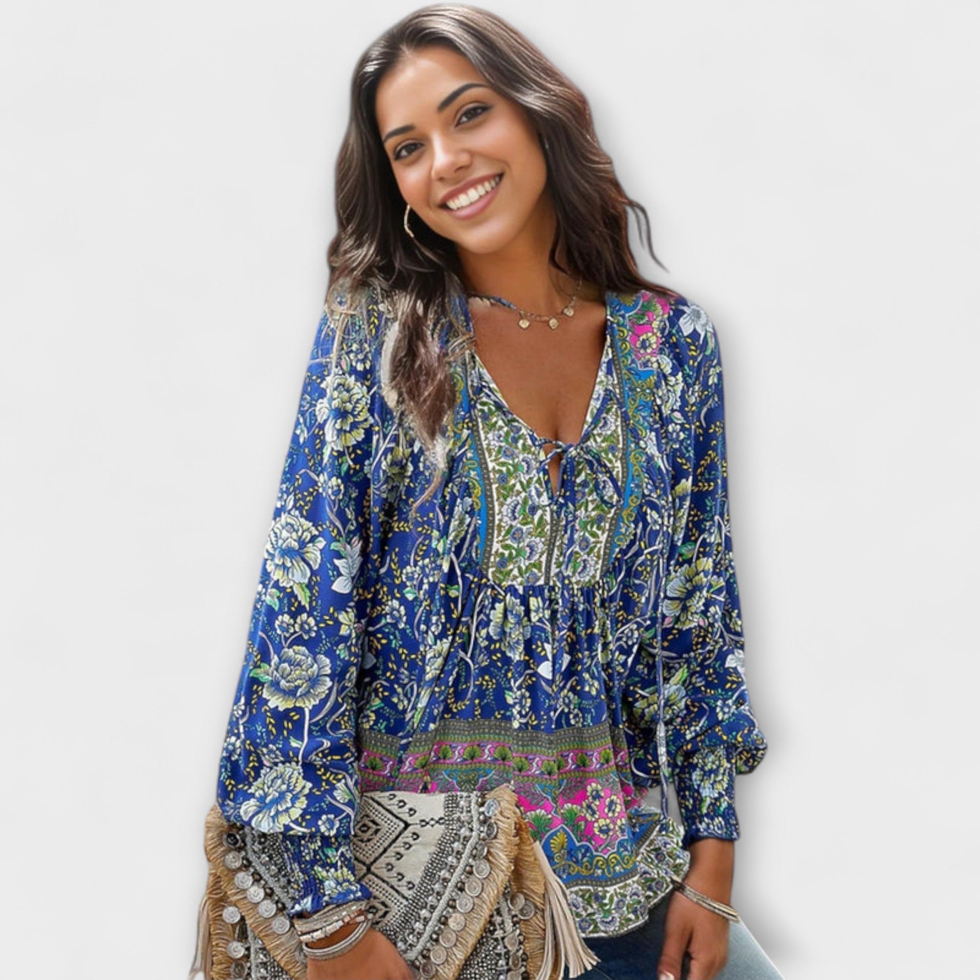 Bluse Damen V-Ausschnitt Bindefront Boho Marineblau Grün Pink – Melodie