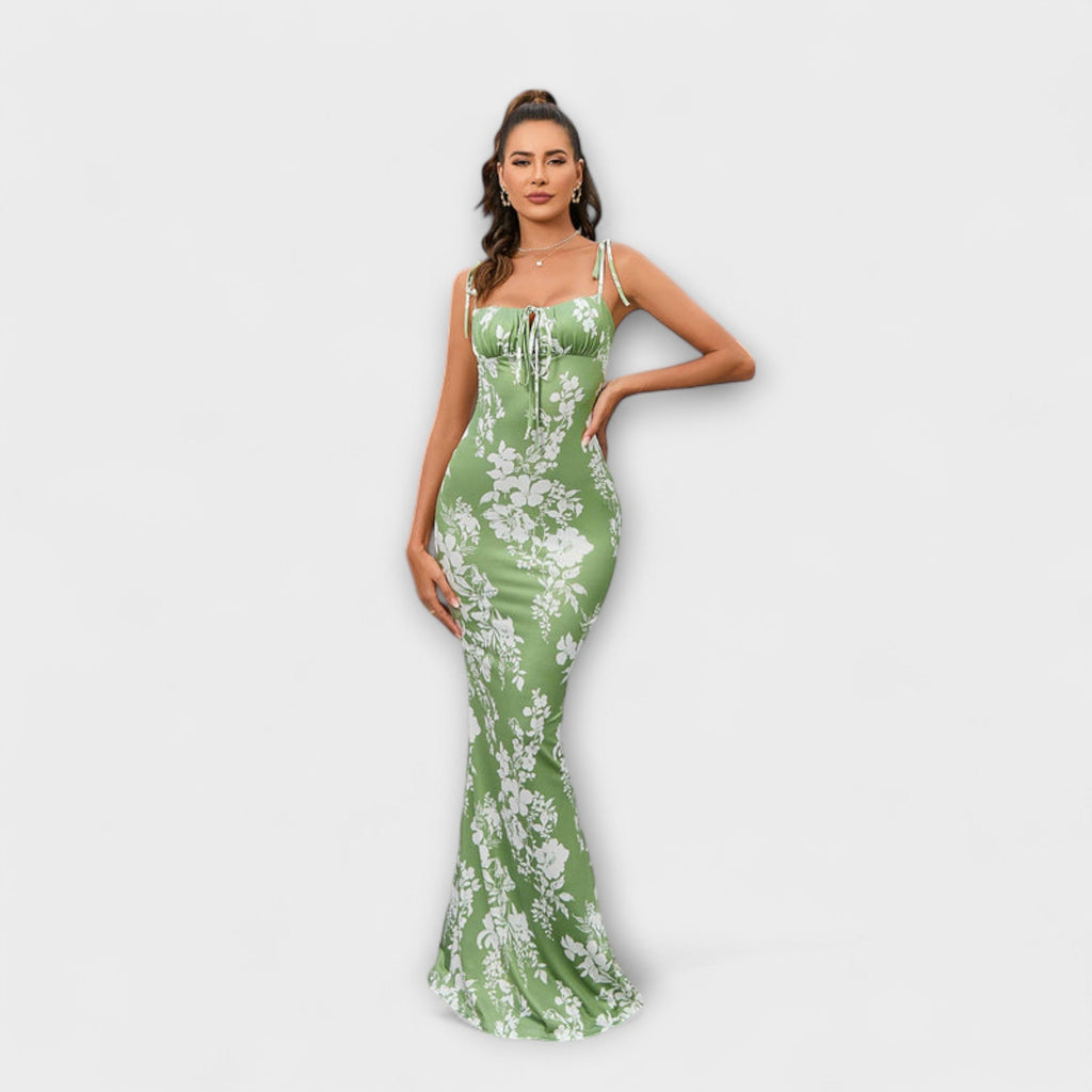Maxikleid Damen Blumenmuster Bindeträger Fischschwanzsaum Grün Blau Rosa