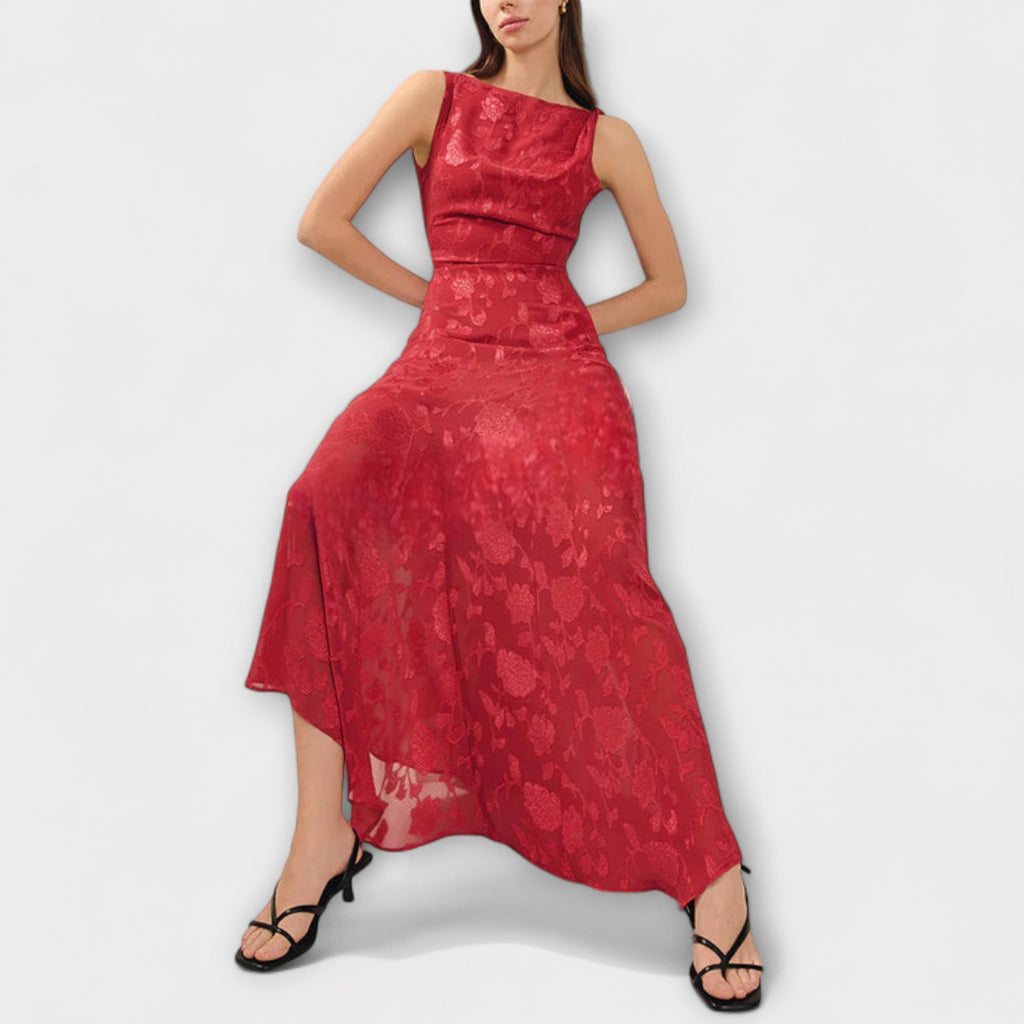 Opal - Elegantes Rückenfreies Schnür-Jacquard-Maxikleid