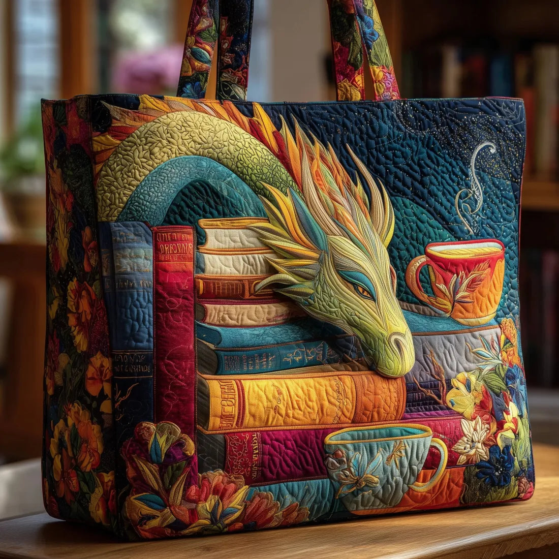 Gesteppte Tasche - Lesender Drache mit Buch und Tasse