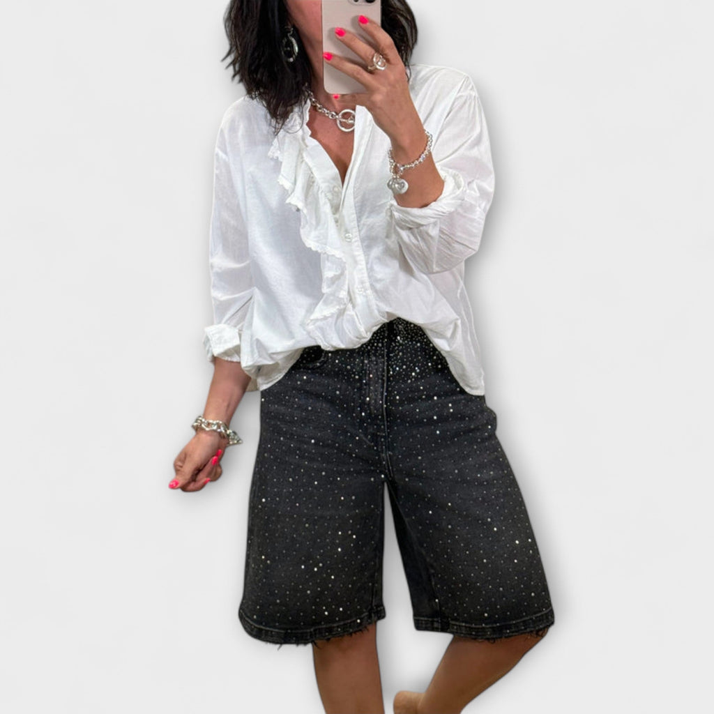 Bermudashorts Damen Denim Strassverzierung Knielang – Amaris